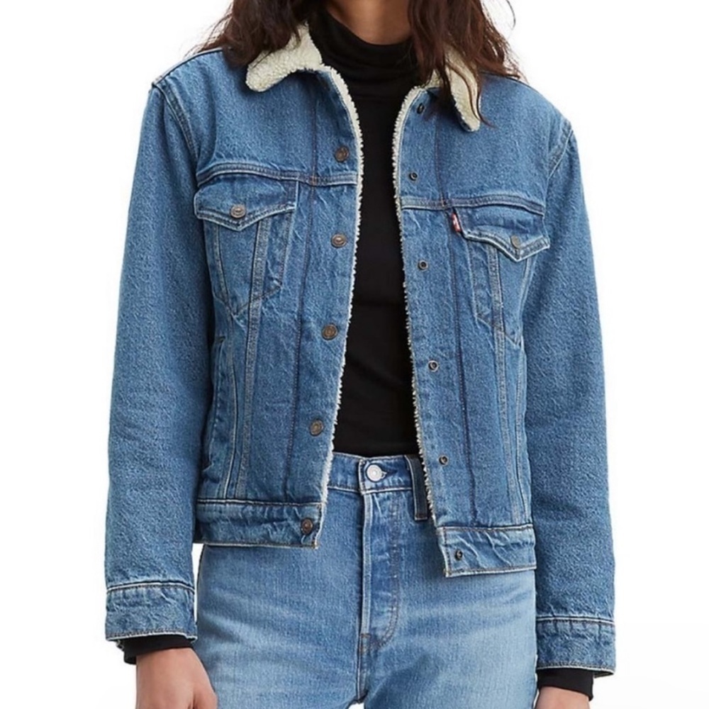 Levi’s Sherpa Lined Jean Jacket Blue Medium Wash Size XS Women 100% Cotton